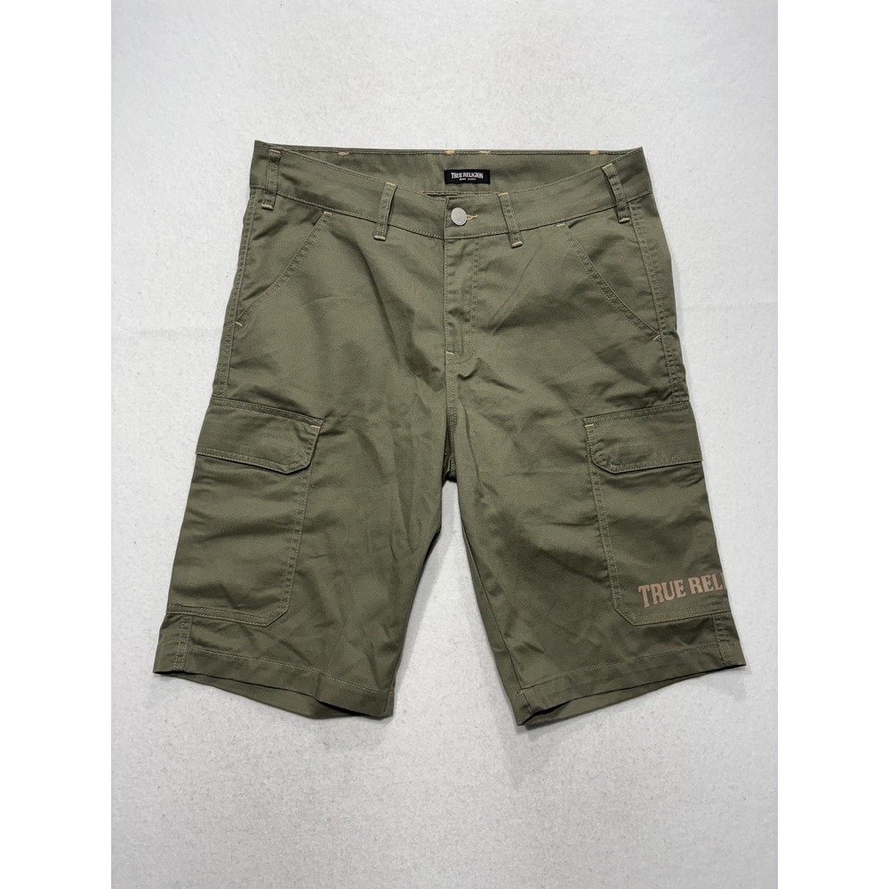 True Religion Mens 32 Green Cargo Shorts Canvas Utility Logo 12in Inseam Outdoor